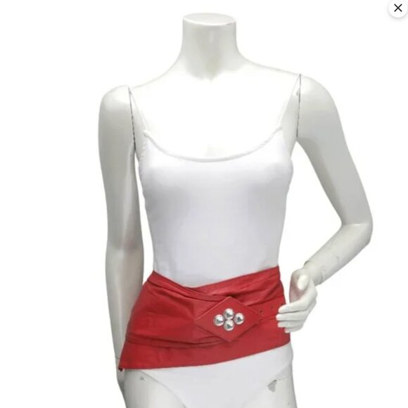 Vintage 80s Wide Red Leather Wrap Belt High Waist Corset Cinch Statement Gems - Picture 3 of 16